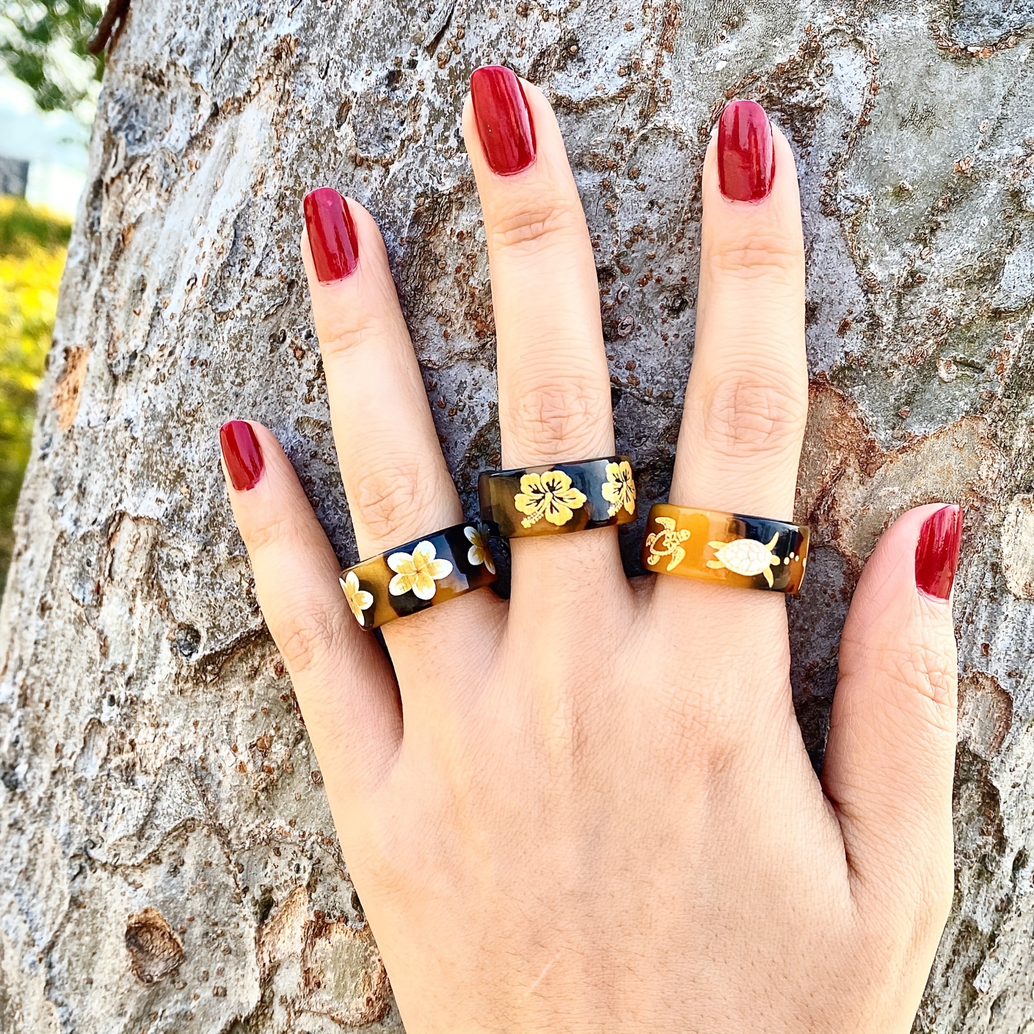 3pcs Hawaiian Tropical Flower Animal Printed Open Ring Set