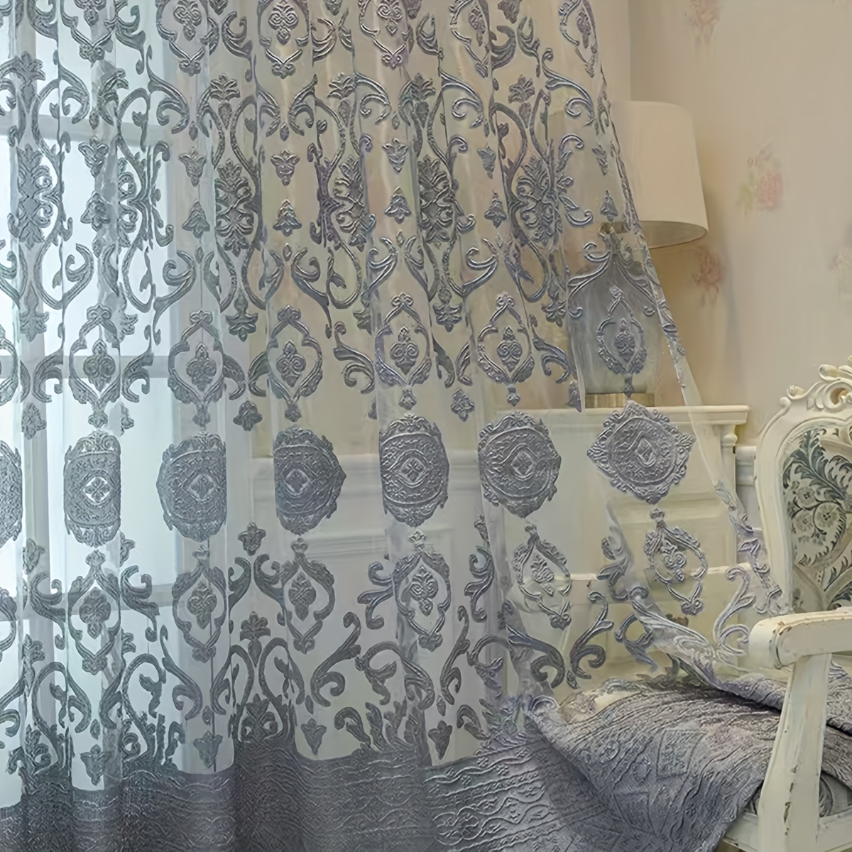 TEMU 1 Panel/set, Gray European Classical Style Filter Curtain, Cloud Pattern Jacquard Design, Quality Polyester Fabric, Pole , Nordic Retro High-end