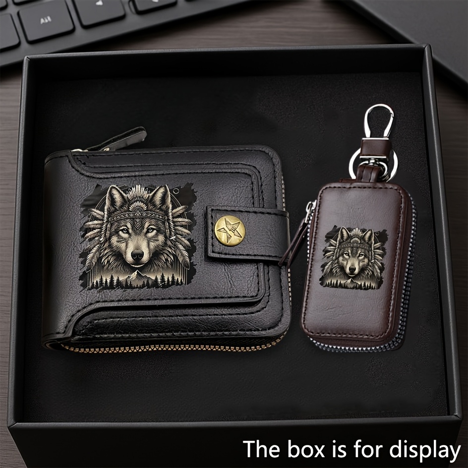 Image of 2pcs Set - Grey Wolf Print Business Wallet + Key Case Combo Set Print Design, Zip-closure Fold- Wallet With Multiple Card Slots, Blending Fashion And Practicality. The Perfect New Year Gift For And .