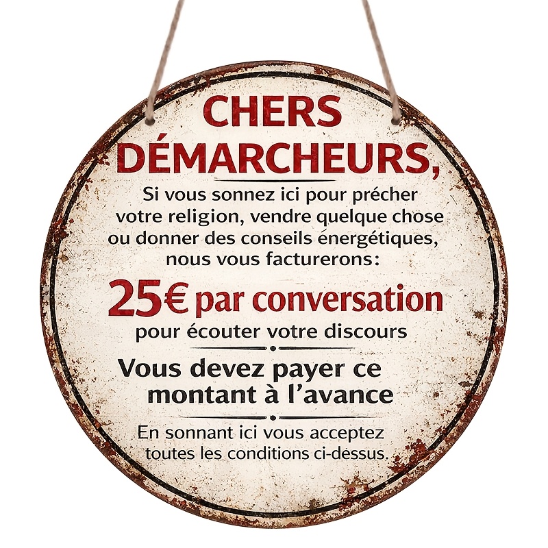 TEMU Plat 2D, 1pc Panneau Métallique Rond en Aluminium 'Chers Demarcheurs' Humoristique Français Interdisant la Sollicitation, Impression Vintage