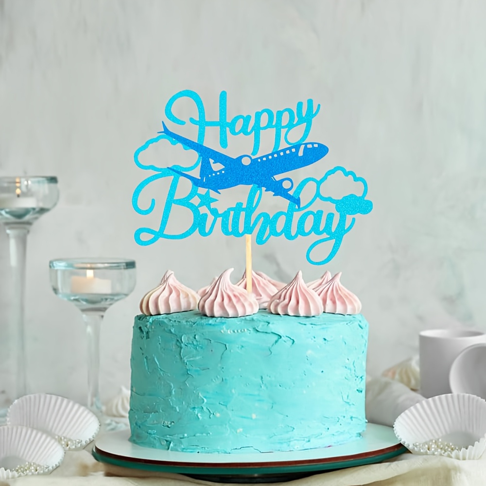 Décoration de gâteau d'anniversaire « Happy 1st Birthday » en forme d'avion bleu – Décoration de gâteau d'anniversaire pour fête prénatale – Décoration de fête d'anniversaire de bébé en avion