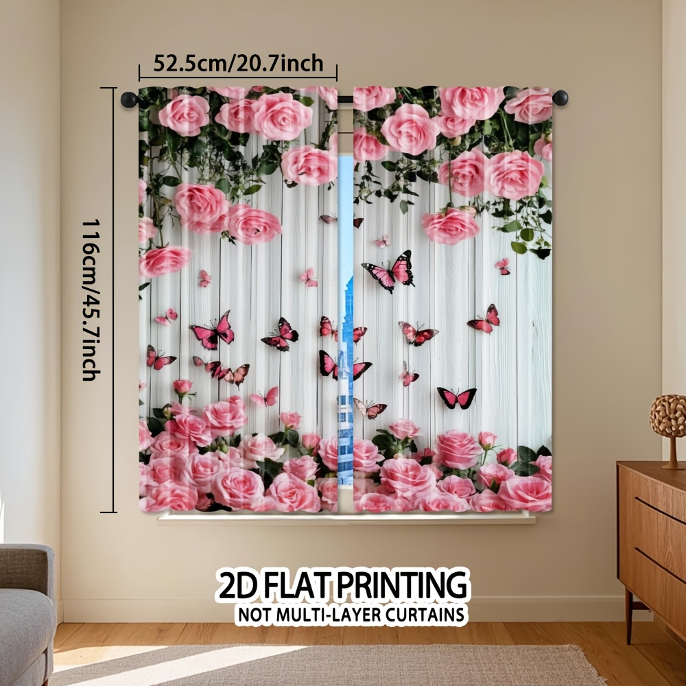 TEMU 2d Flat - 2d Flat - 2d Flat, 2pcs, Pink Floral Weave Polyester Doorway Curtain, Art , Machine Washable, All Season Use For Bedroom, Living Room,
