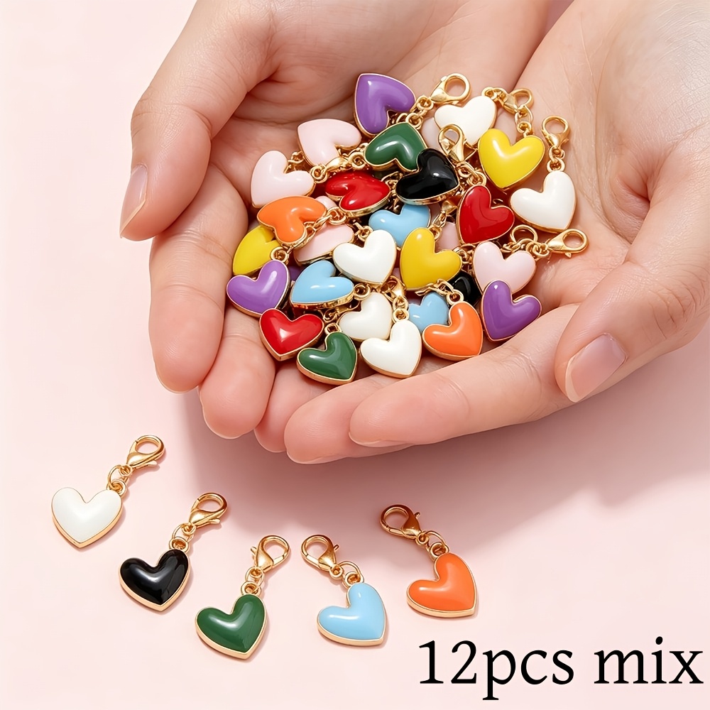 TEMU 12pcs Mixed Color Heart Pendant Charms With Lobster Clasp Suitable For Crafts Making Key Rings, Key Chain Additions