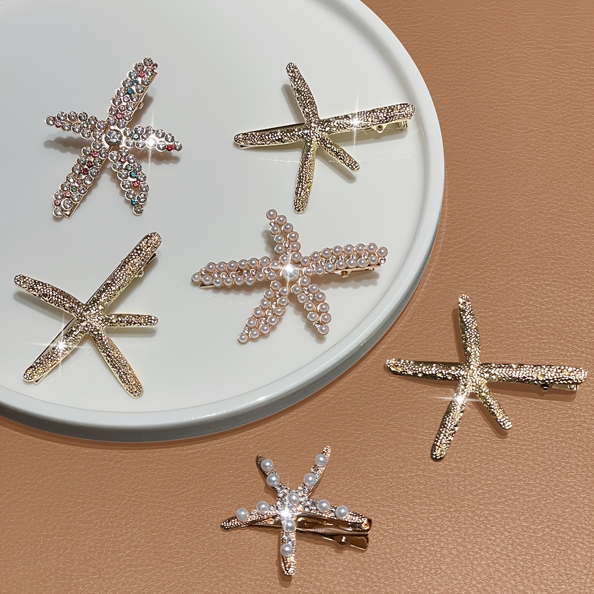 TEMU 6pcs Women's Hair Clip, Fashionable And Elegant, Sparkling Rhinestones, Retro Pearl Decoration Starfish Shaped Hair Clip, Fashionable Bun Style