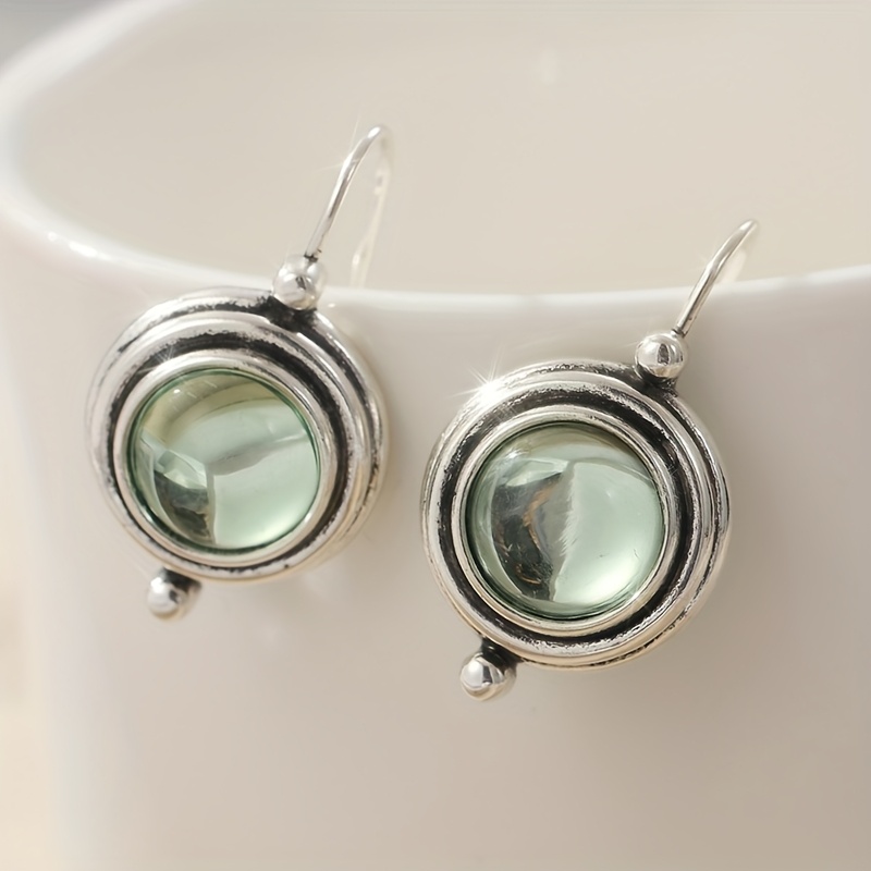 E-shop Bohemian Handmade Silberfarbene Ohrringe Boho Ohrringe Vintage Künstliche Grüne Kubische Synthetische Zirkonia Hängeohrringe Geschenk für Sie