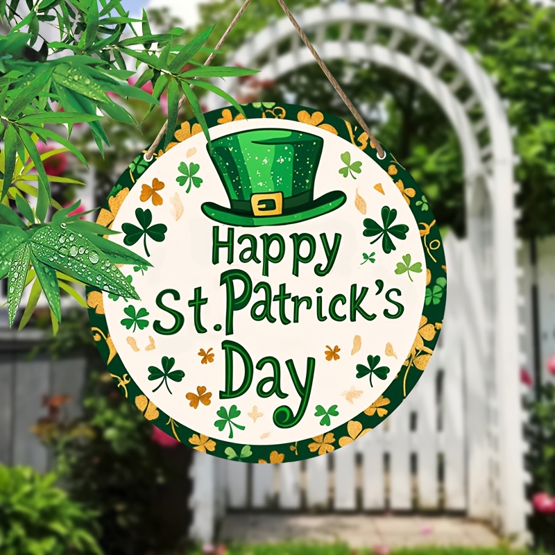 

1pc 's Day Wreath Sign, Classic Round Wooden Hanging Decor, 8x8 Inches, With & Shamrocks, For Front Door, Home, Garden, Porch,