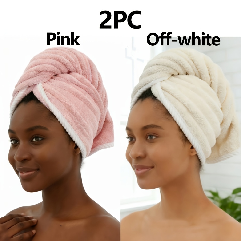TEMU 2pcs Thickened Candy Striped Coral Fleece Hair Drying Cap, Ideal Bathroom Accessory, Bathroom Headscarf
