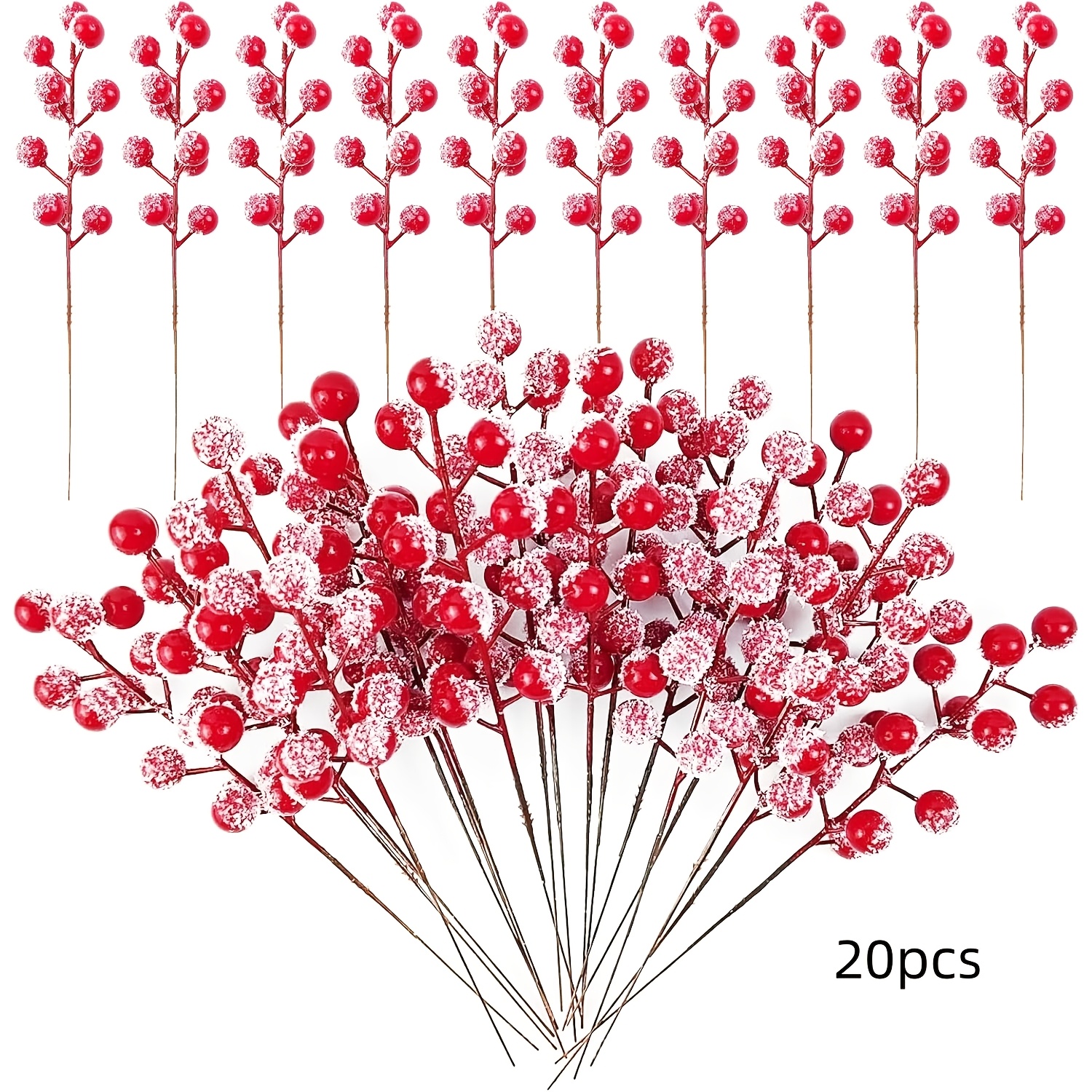 TEMU 20pcs 9"/23cm Artificial Stems Christmas Sprays Snowy Fake Red Berries For Christmas Tree Branches Fillers Ornaments Valentine Crafts Wedding
