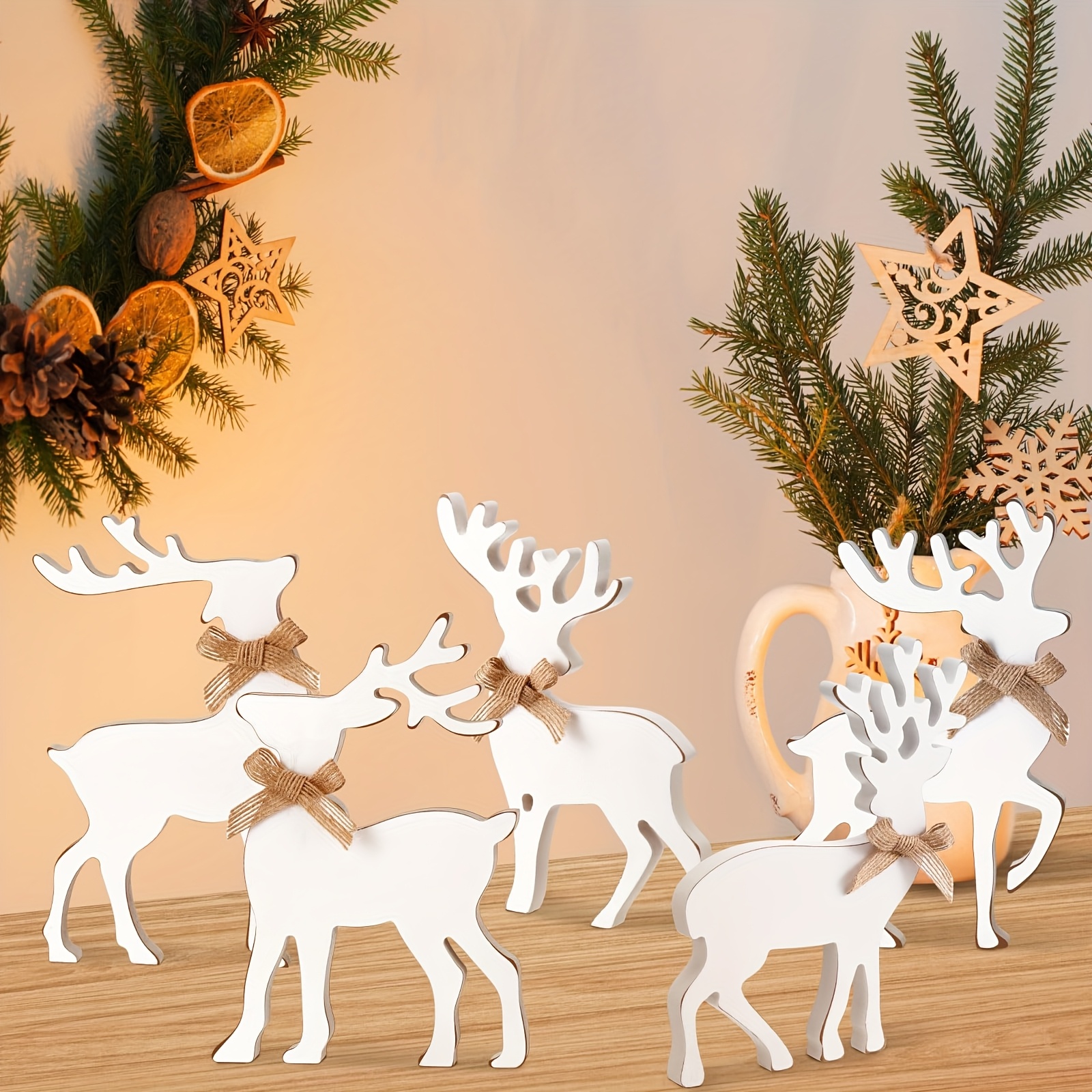 TEMU 5pcs Christmas Tiered Tray Decor Set, Freestanding Wooden Ornaments, With Bow Element, On Tabletop Entryway Windowsill Room, Rustic Farmhouse