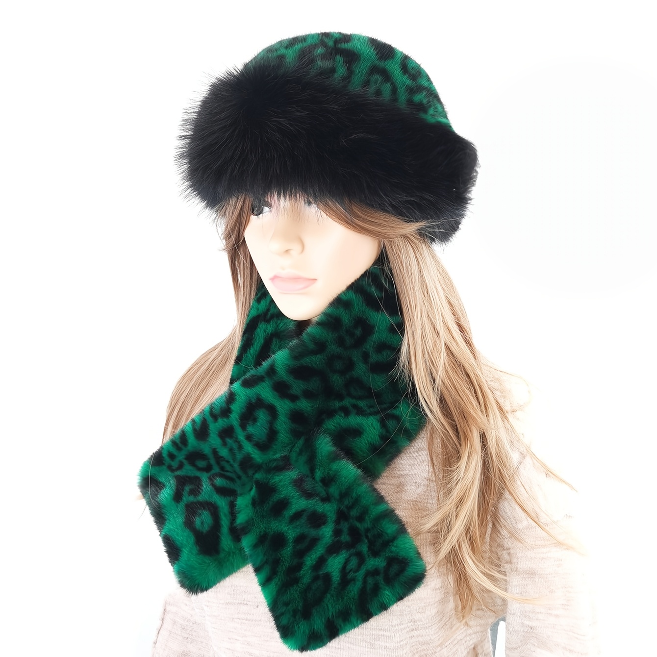 

1/2pcs Winter Scarf And Bucket Hat Set, Leopard Print Fur, Comfortable , Elegant Solid Scarf, Inelastic, With Button Closure, Jacquard Knit Tie-dye , For New Year Occasion, No Feathers