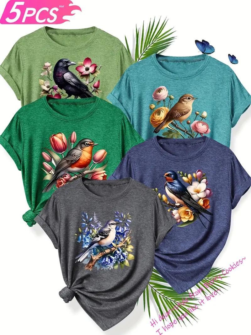 5pcs set of sisters simple and cute animal plant flower pattern printed elegant womens spring summer and autumn round neck short sleeve t shirt multi color s xxl Product details 3