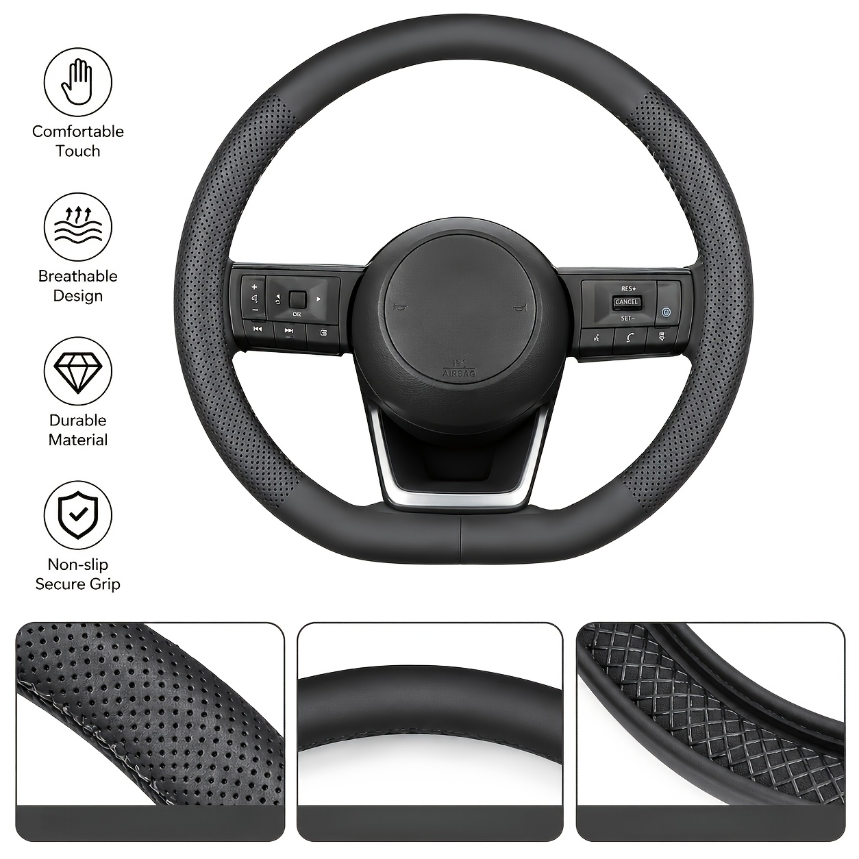 TEMU Premium Faux Leather Steering Wheel Cover With , Laser Perforated Precision Stitching O/d Type -15 Inches Universal Anti-slip Wear-resistant
