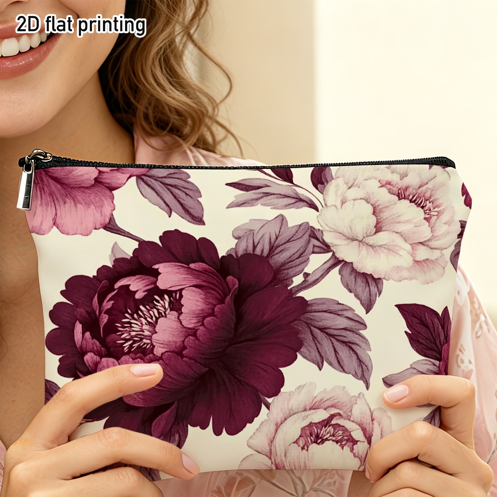 TEMU 1pc & Maroon Peony Flowers Makeup Bag - Elegant Floral Cosmetic Case Suitable For, Lightweight Suitable For Travel, Bridal Shower Gifts, Daily