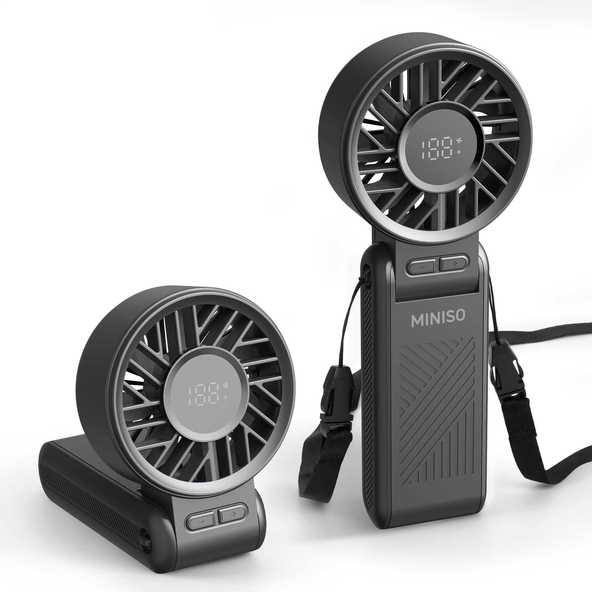 Image of Miniso Portable Handheld Lanyard Turbo Fan High Speed Mini Fan With Lanyard,3600mah Rechargeable Personal Desk Fan With Led Display, 3in 1 Foldable Fan For Shopping.