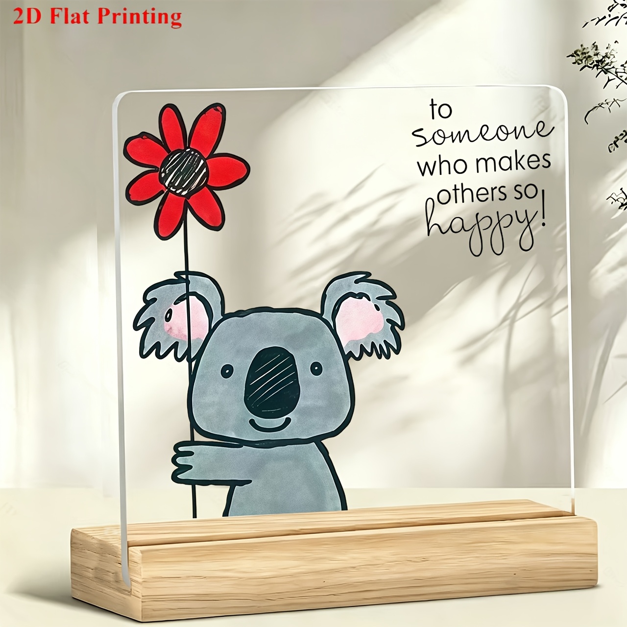 TEMU 1pc Acrylic Desktop Standee, Gray Koala Holding A Red Flower Pattern Paperweight, Desktop Decoration, Suitable For Work, Study, And Bar