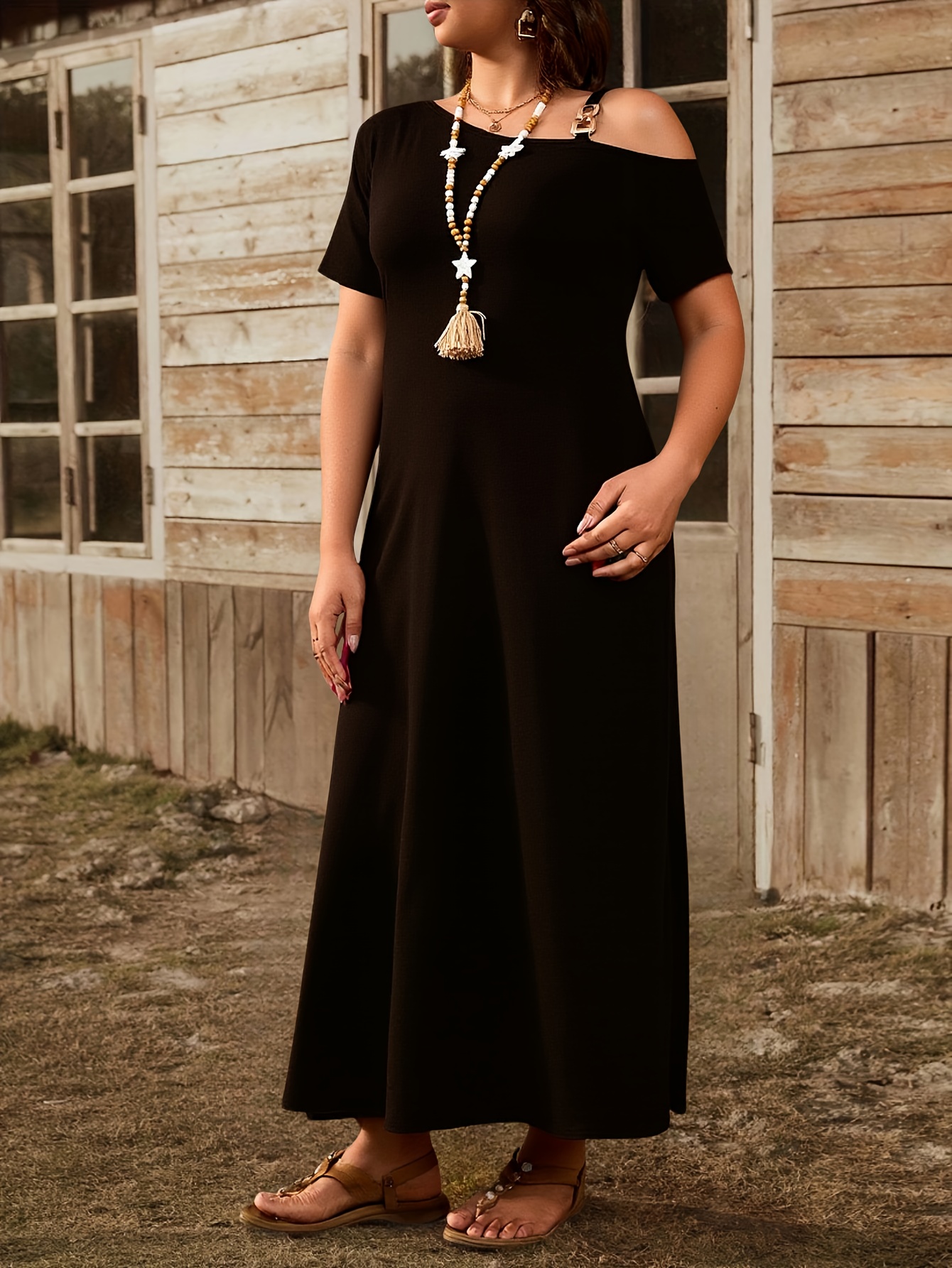 Short Sleeve Maxi Long Black Maxi Dress With Pockets Shoulder Maxi