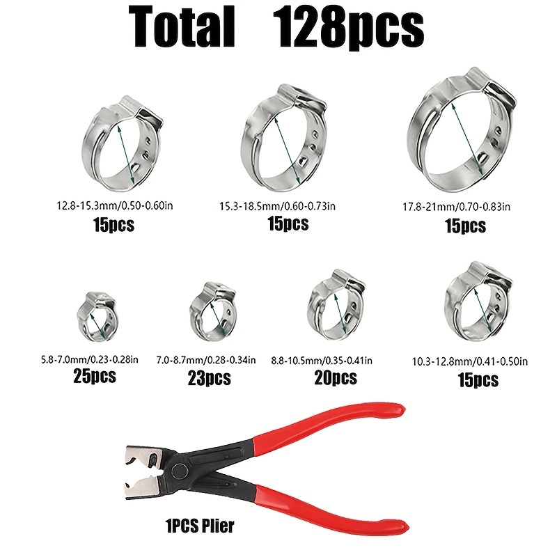 Image of 128pcs Hose Clamps And 1pc Pipe Clamp/128pcs Hose Clamps, Automotive Hose Clamps, 5.8-21mm/0.23-0.83in, 7 Sizes, For Household, Automotive, Machinery And Cylinder Use
