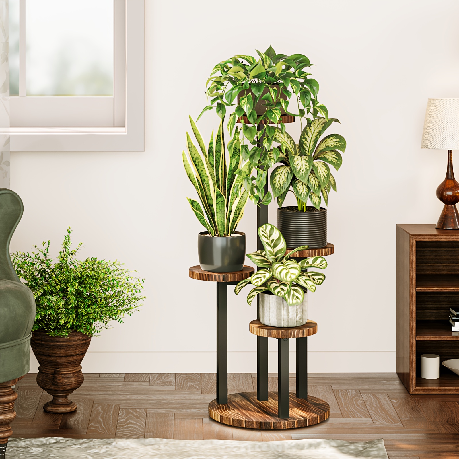 4 Tier Corner Plant Stand, Tall Metal Wood Plant Shelf Holder For Indoor, Outdoor Display Rack Flower Pot Stand For Living Room Balcony Garden Patio