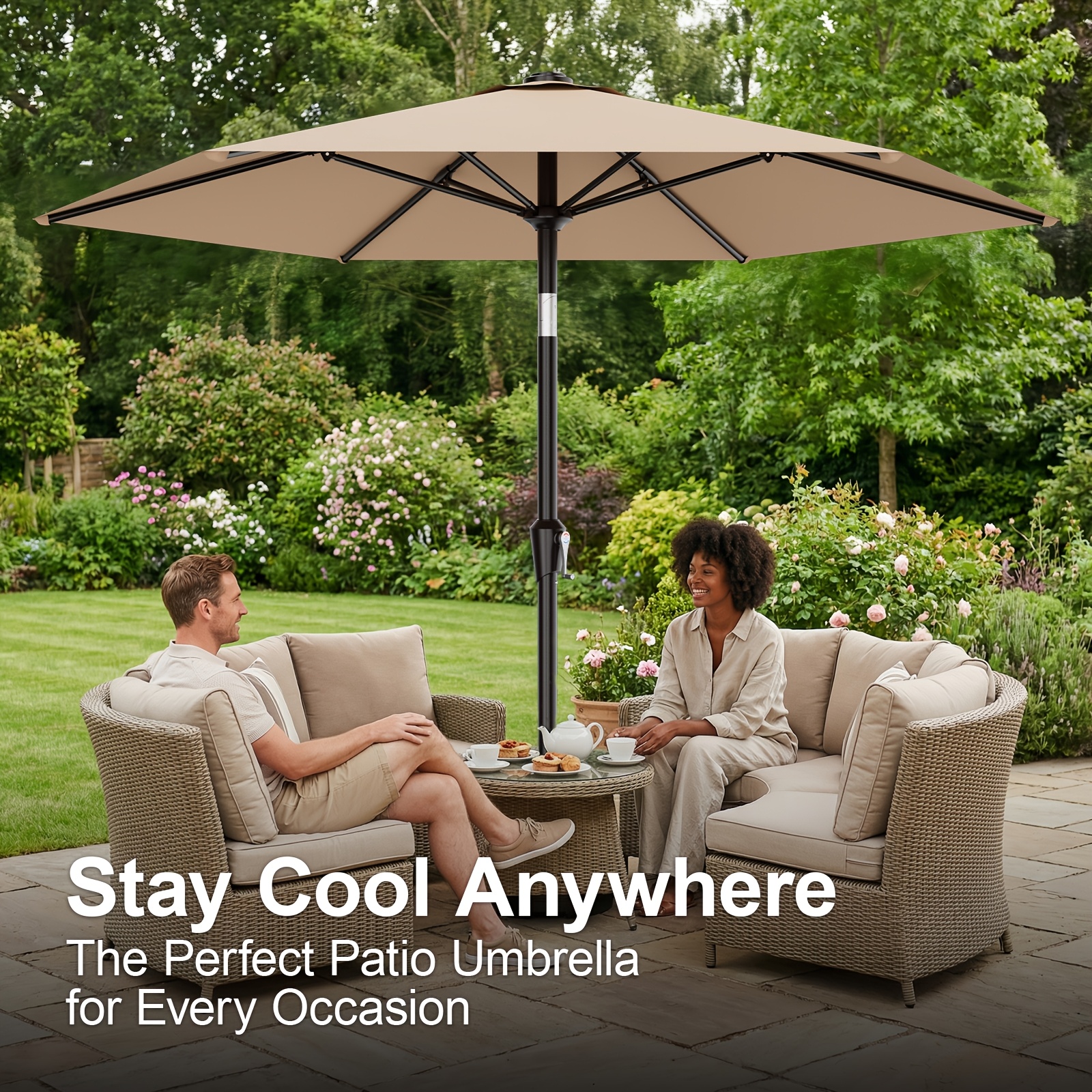 [Heavy Duty Patio Umbrella] 9ft Outdoor Umbrella, Heavy Duty Patio Umbrella with Crank, 6 Sturdy Ribs, UV Block for Market, Pool, Backyard, Garden (Base Sold Separately)