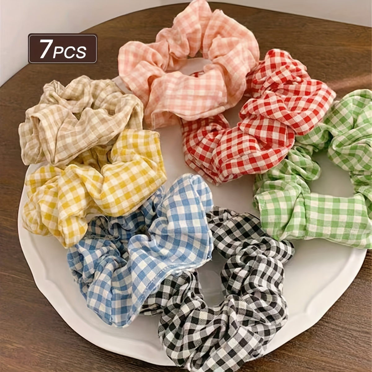 TEMU A Set Of 7 Hair Ties For Women, Featuring A Vibrant And Casual Checkered Design, Use, Parties, Social Gatherings, Festivals, Birthdays, And .