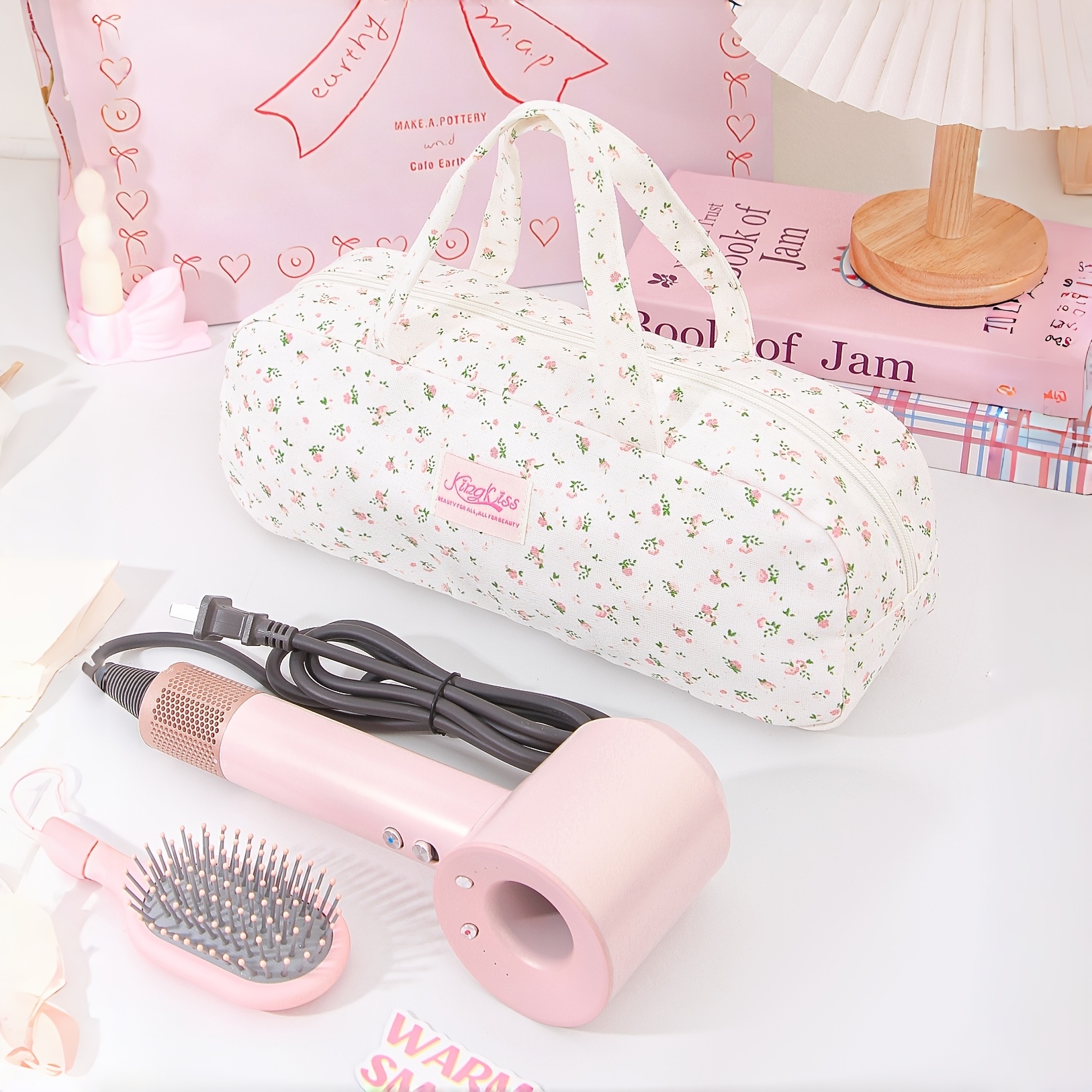 TEMU Sac de rangement pour sèche-cheveux à motif à carreaux floraux, sac de voyage portable de grande capacité, peut contenir des outils de coiffure