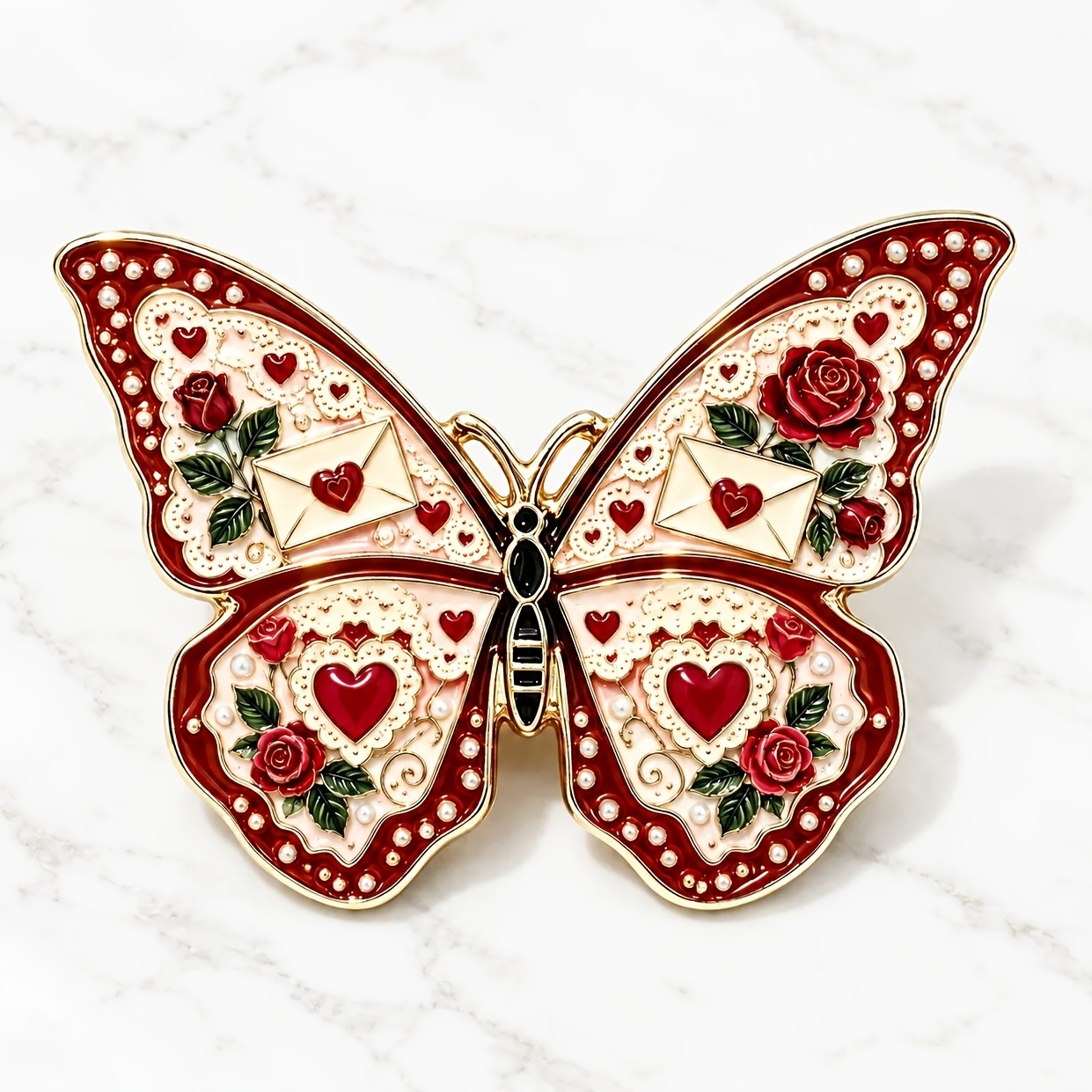 TEMU 2d Flat Valentine's Day Strawberry Brooch No Gemstone, The Printed Pearlescent Effect In Is A Retro Love Letter Brooch Wine Red Envelope Decor