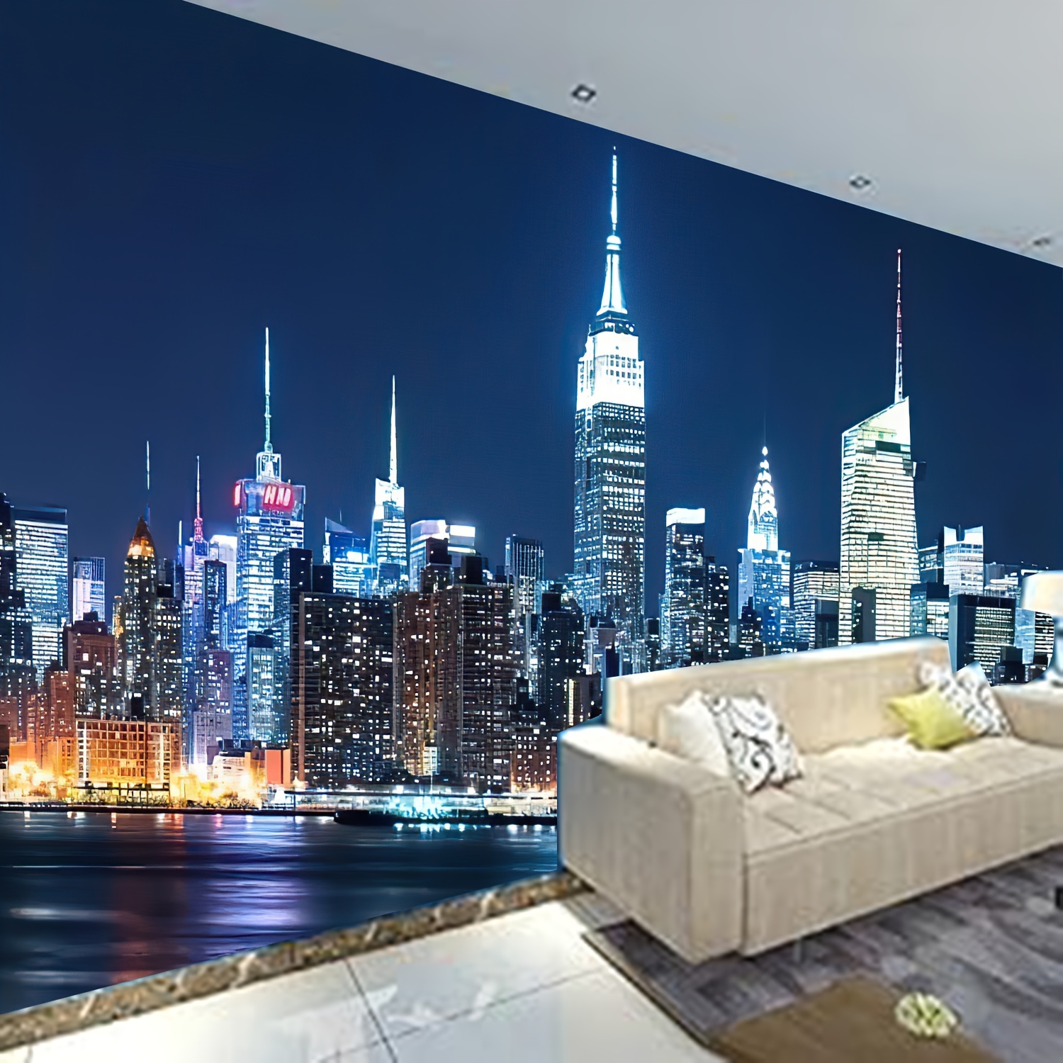 

New York Night Skyline Tapestry - Vibrant Cityscape Wall Hanging For Living Room, Bedroom, Office - Includes Easy Install Kit, Lightweight Polyester