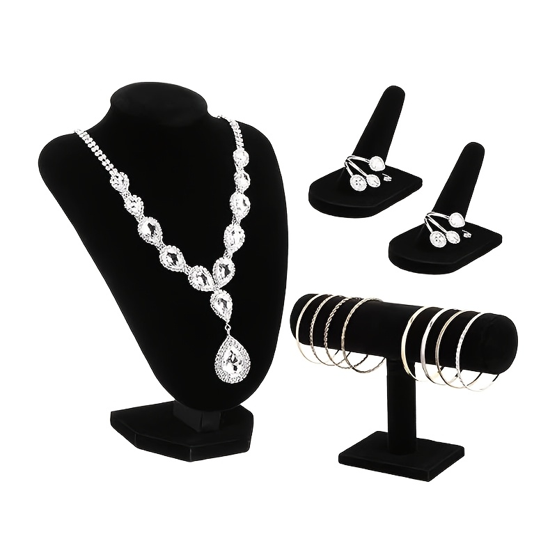 

A 4pcs Velvet Jewelry Display Set Including A Velvet Necklace Bust, Bracelet Storage Box, And 2 Velvet Ring Holders,