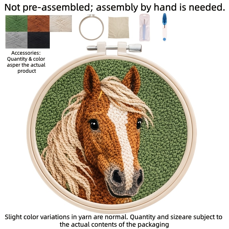 Image of Complete Horse Punch Needle Embroidery Diy Craft Kit Suitable For Beginners - Horse-themed Hoop With Threads & Tools, Punch Needle Needlework For, Make-your-own Horse (no Finished Product)