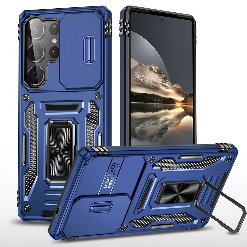 Husă de telefon: pentru for Samsung S26 S25 S24 S23 S22 S21 S20 Ultra A 42 A22 A 12 A32 A33 A51 A52 A72 A71 A73 A53 A14 A 13 A34 A54 A23 cu capac glisant pentru cameră, inel rotativ încorporat și suport rabatabil [Protecție completă a camerei] Husă de protecție
