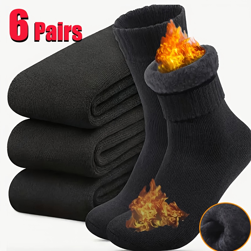 TEMU 6 Pairs Men And Women's Winter Thick Warm Snow Boots Socks | And Elastane, Knit Fabric, Solid Black Color, Suitable For Outdoor Activities, Hand Wash Or