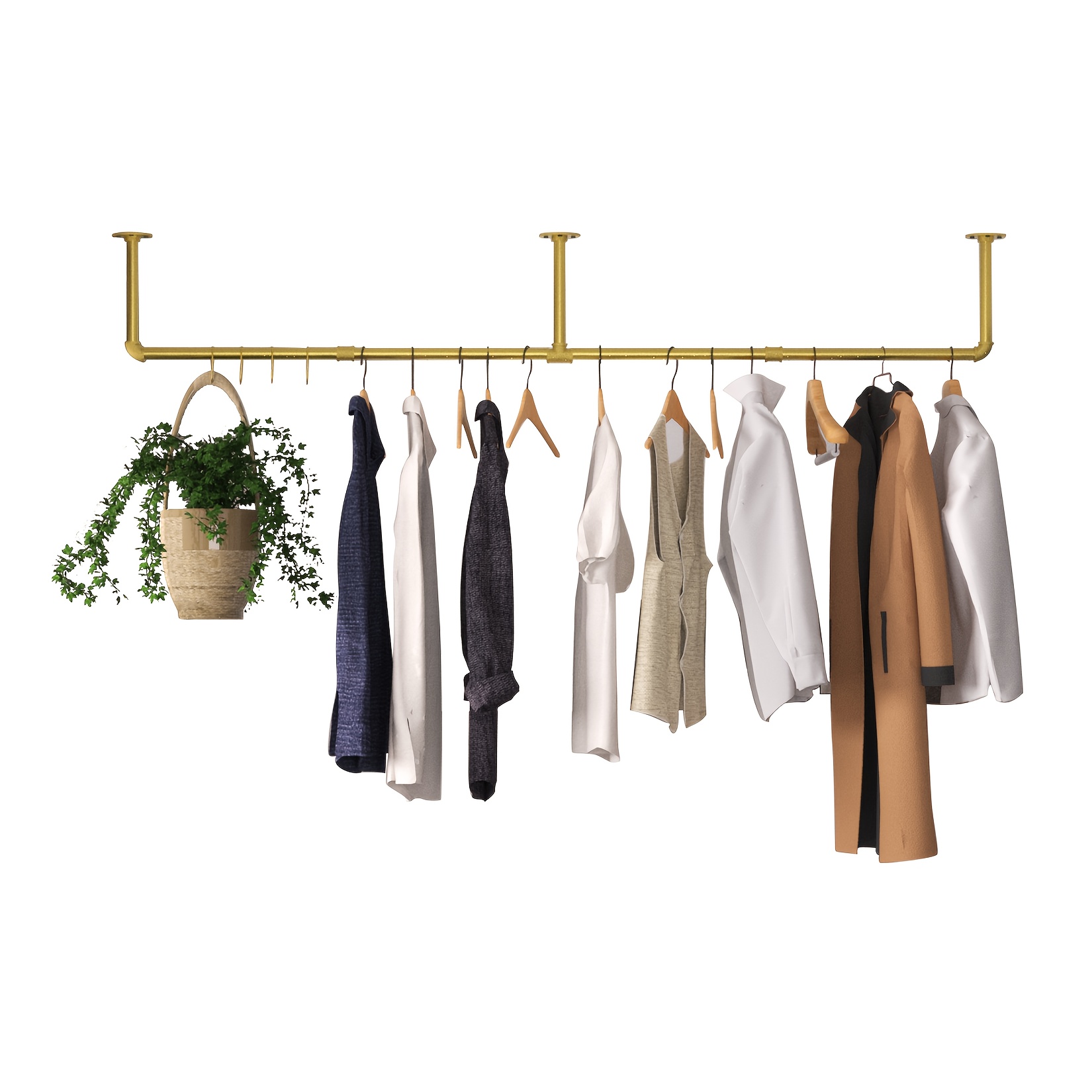 TEMU Porte-Vêtements en Métal Doré Style Tuyau Industriel de 70.87" - Montage Mural, Barre à Vêtements Détachable avec Double Étagère pour Chambre &
