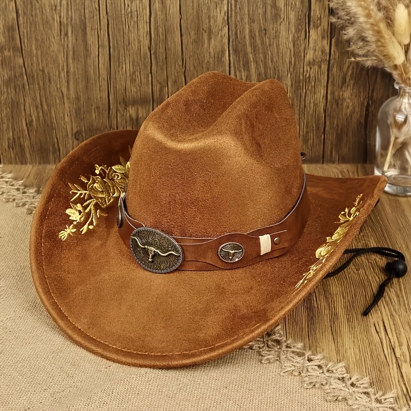 TEMU Soft Suede Floral Embroidered Vintage Western Cowboy Hat Unisex Style With Fit Drawstring Engraved Patch Decorations For Outdoor Riding Banquet