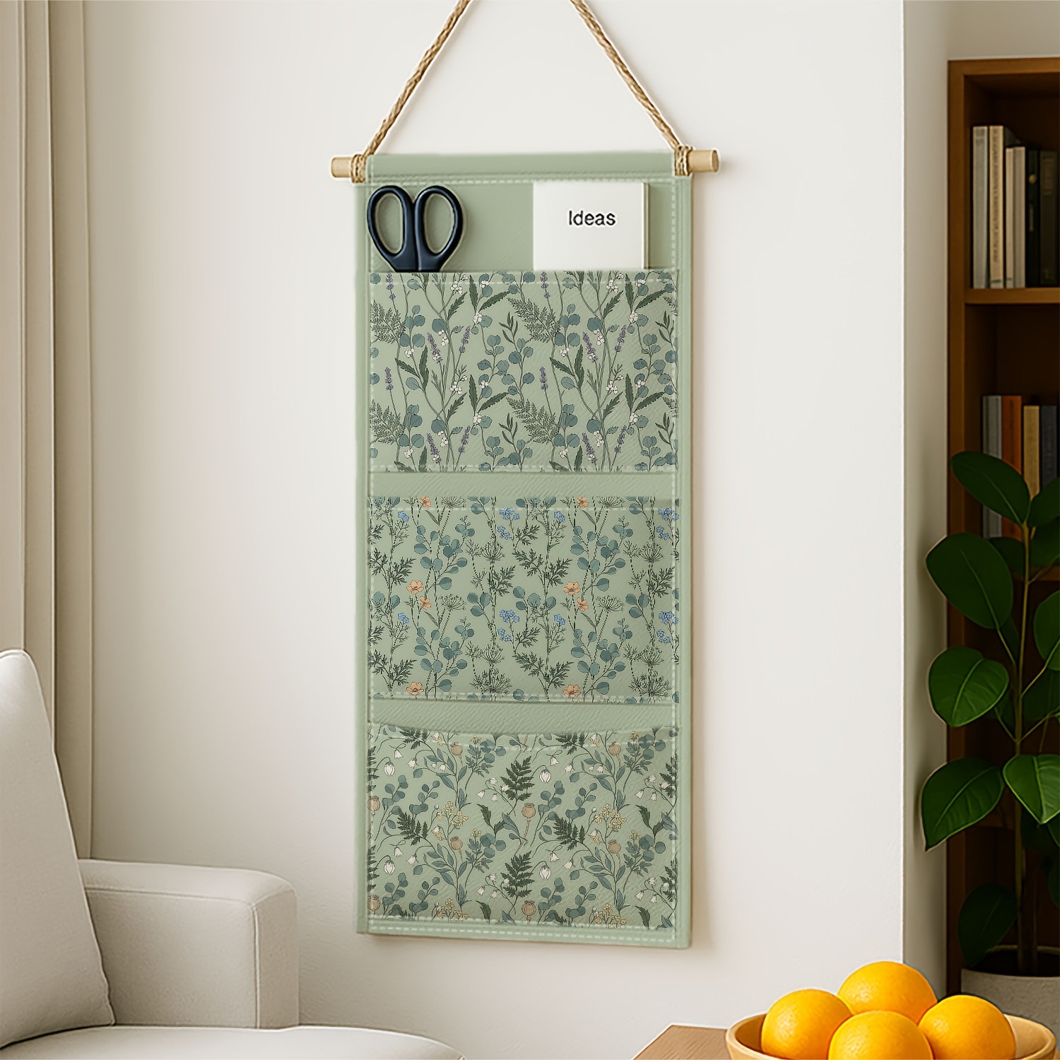 TEMU 1pc Three-layer Wall-mounted Vintage Botanical Rustic Hanging Storage Bag With Multiple Pockets For The Bedroom, Green Saving Floor Space And