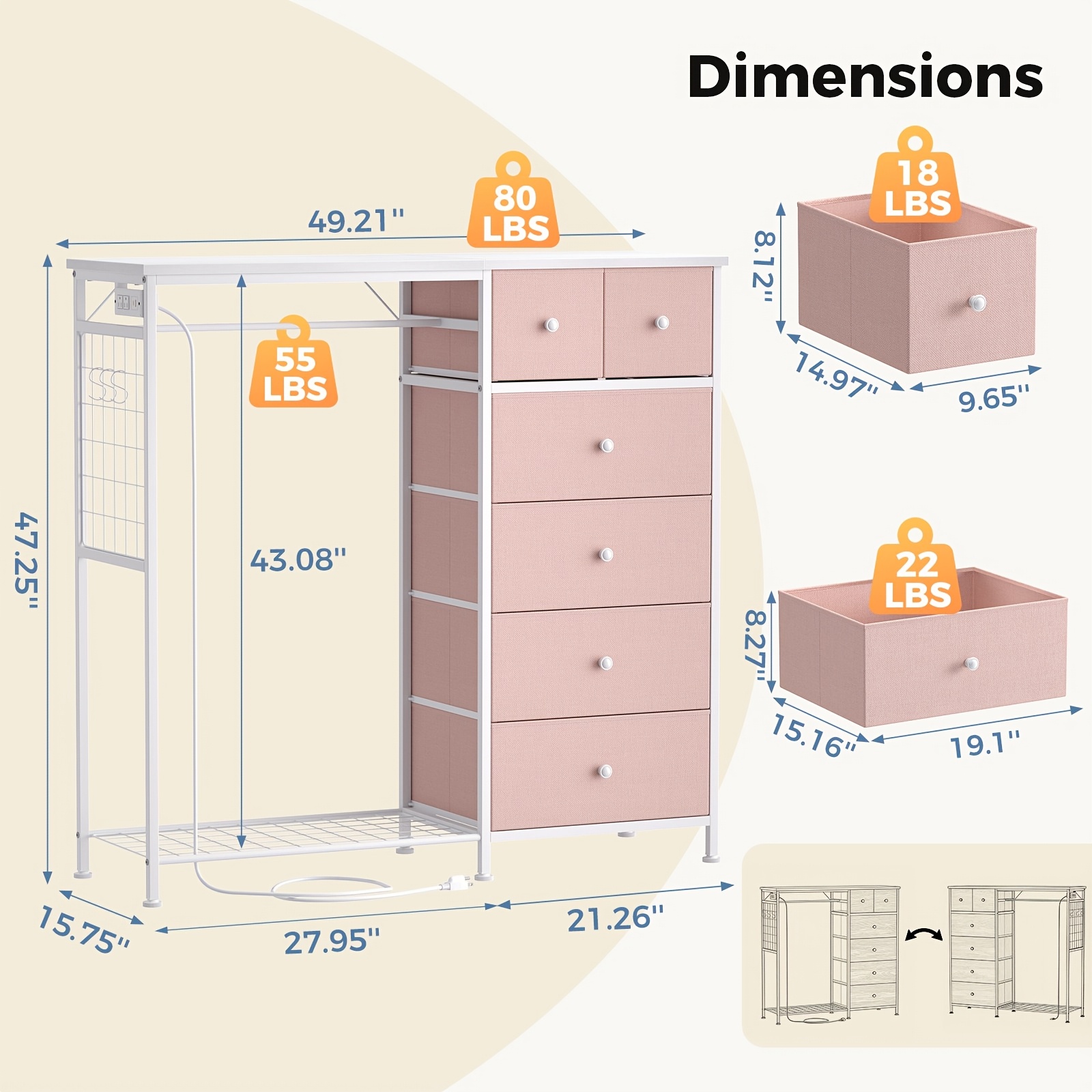 Dresser with LED Lights And Charging Station for Bedroom - 6-Drawer Fabric Storage Dresser with Hanging Rack, Sturdy Wooden Top, Stable Anti-Tip Design, Perfect for Modern Homes & Apartments