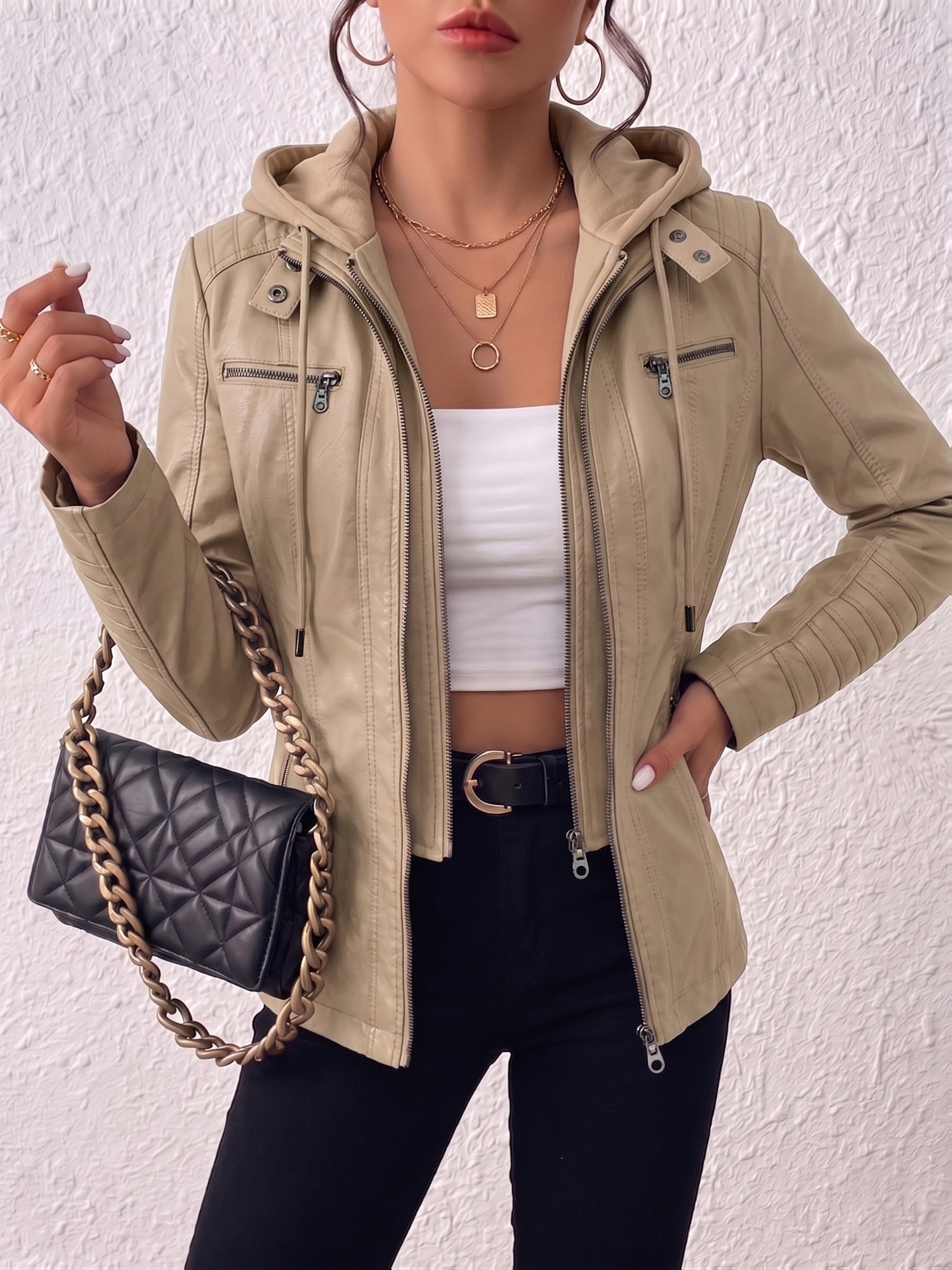 size for regular fit removable hood faux leather jacket women   fit biker jacket fall winter style multi pocket coat