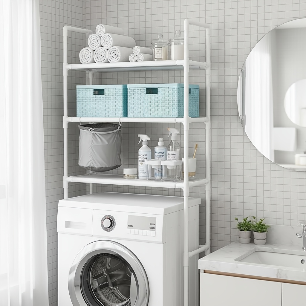 4 tier bathroom   saving storage rack for above washing machine bathroom and laundry organizer with sturdy metal frame adjustable top mounted shelf suitable for bathroom storage home organization for holding towels Product details 0