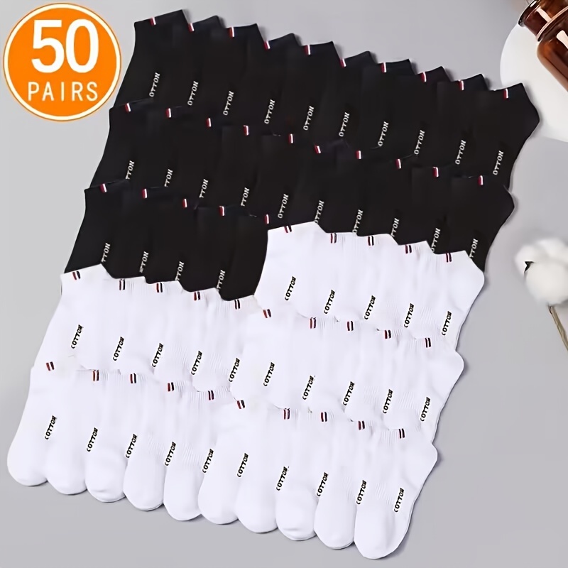 

50 Pairs Of Men's Ankle Socks, Breathable Black And White Lettering, Invisible Low Cut Socks, Bulk Pack Casual Sneaker Socks For Daily Wear