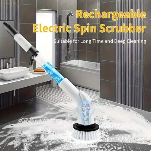 1pc electric spin scrubber with adjustable long handle cordless power scrubber with multiple replaceable brush heads rechargeable 1200mah lithium battery usb charging medium firmness plastic for bathroom kitchen tub tile shower and car cleaning household cleaning tool versatile cleaner durable plastic