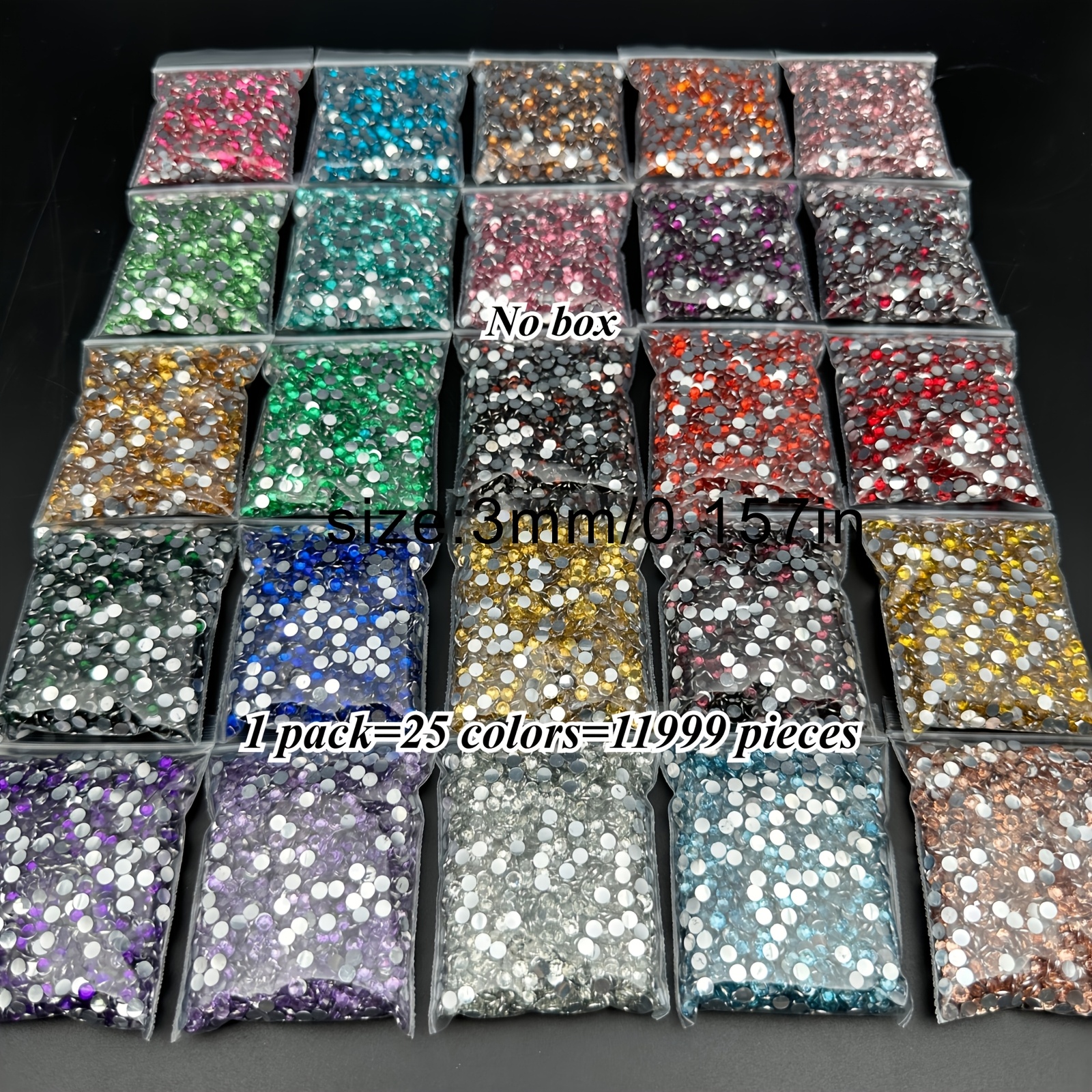 TEMU 25 Colors, 11999 Flat Shiny Rhinestones, 5d Resin Round Shiny Rhinestone Set, 3mm In Diameter, Suitable For Nail Art, Clothing, And Jewelry