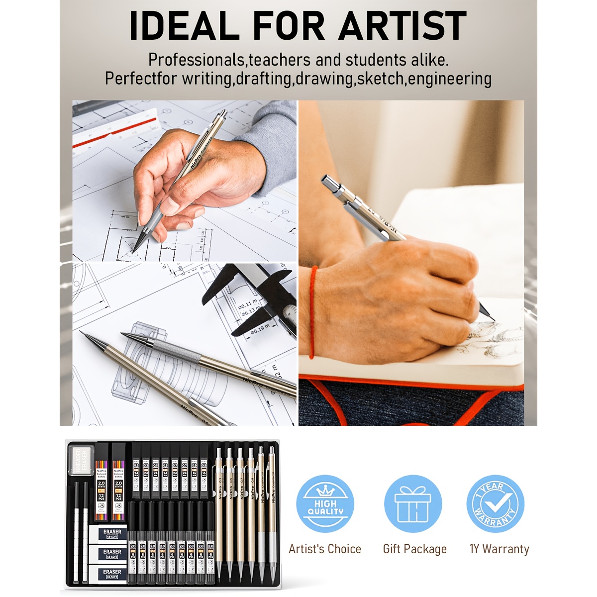 34pcs Art Mechanical Pencil Set for Sketching, Various Lead Sizes
