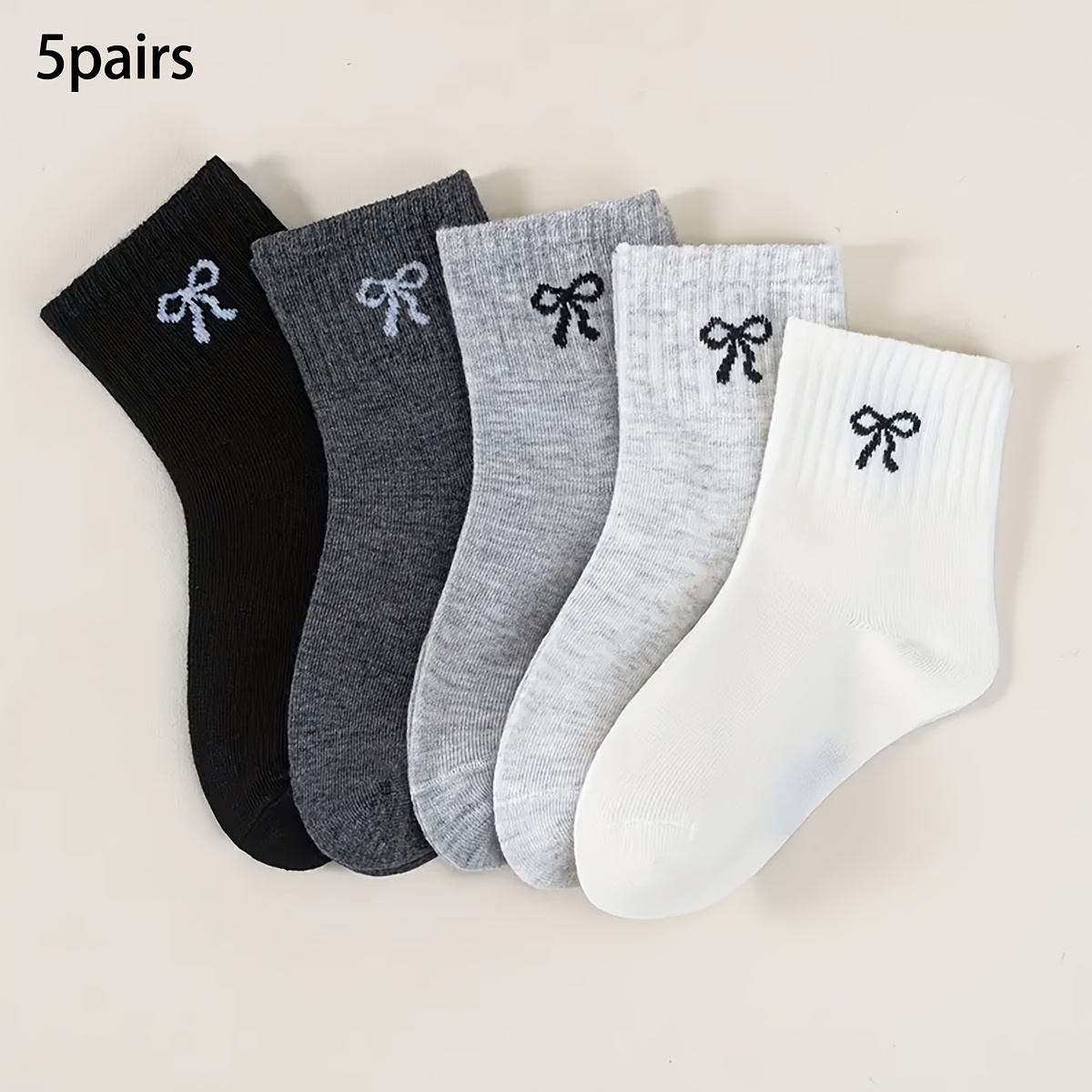 Image of 5-pair Children's Socks, Solid Color With Bow Pattern, Girls' Mid-calf Socks For , Cute, Casual, Simple, Suitable For Daily Wear And Travel