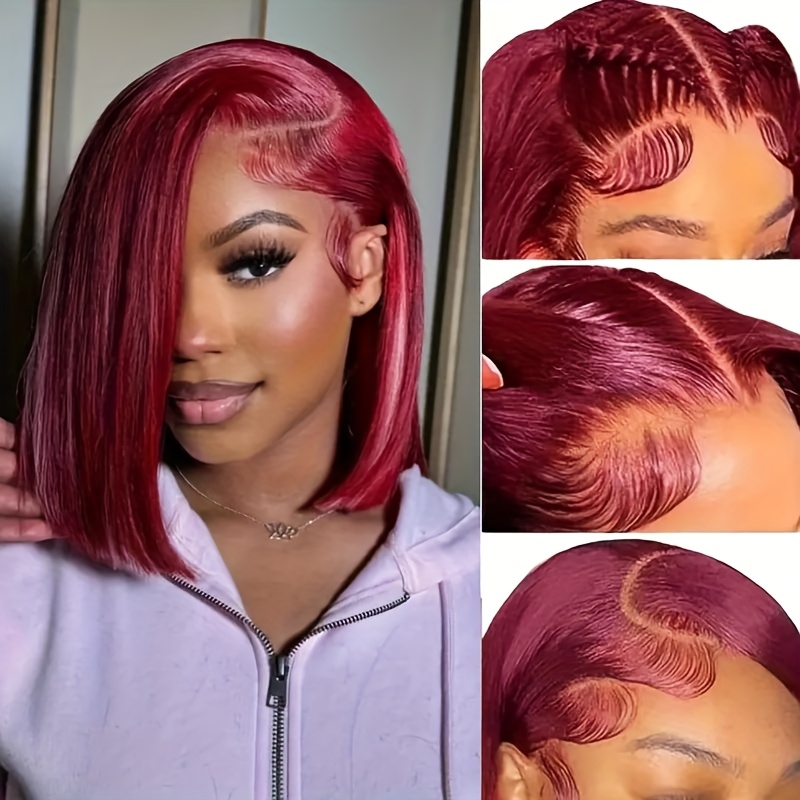 TEMU Perruque Bob Colle en Cheveux Humains pour Femme avec Dentelle Frontale 13x4 - Coupe Bob Courte et Lisse 250 %, Ligne de Cheveux et