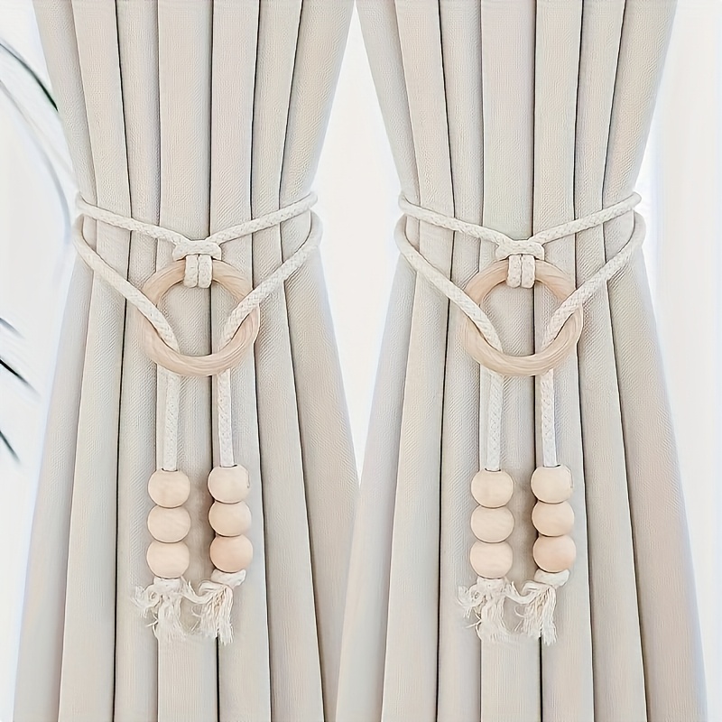 TEMU 2pcs Boho Chic Curtain Tiebacks With Wooden Beads & Tassels - Nordic Style Home Decor