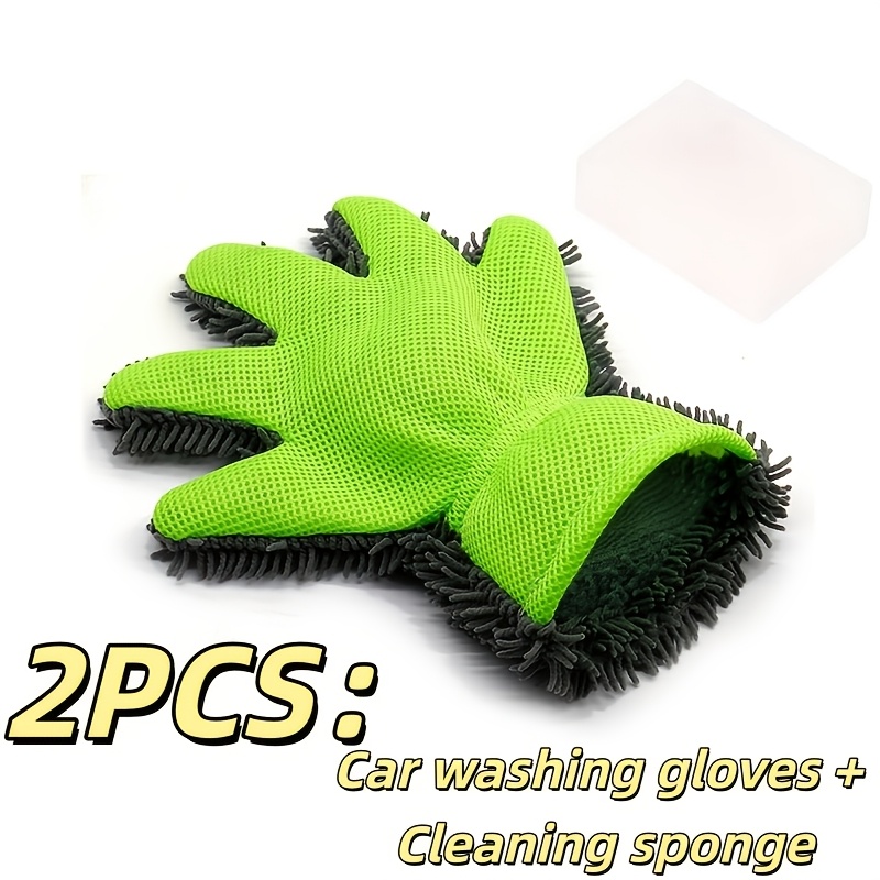 TEMU 2pcs Set (one Glove And 1 Sponge) Thickened Snow- Five-finger Car Wash Gloves, Suitable For Multiple , Double-sided For Car Cleaning And Dust