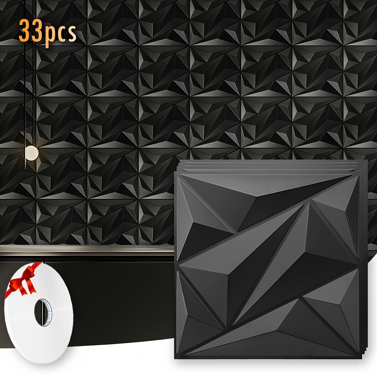 E-shop 33-tlg. modernes 3D-Wandpaneel-System, eckige Paneele – schwarz-weiße abziehbare aufklebbare Schindeln mit Klebeband, PVC-Kunststoffplatten für