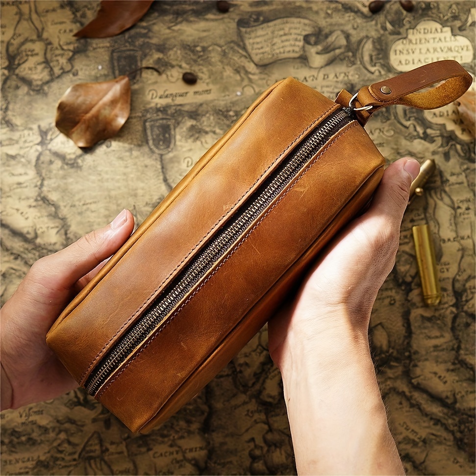 

Vintage Style Zipper Handbag, Genuine Crazy Horse Leather Men's , Top Layer Cowhide Large Capacity Pencil Case, Ideal Gifts For Father Mother Birthday