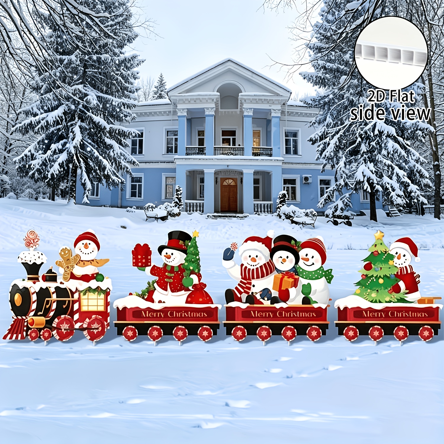 TEMU 2d Flat - 【2d Flat】 2d Flat - [2d Flat] 2d Flat Set Of 4 Christmas Train And Snowman Lawn Stake Decorations, Plastic Outdoor Holiday Display,