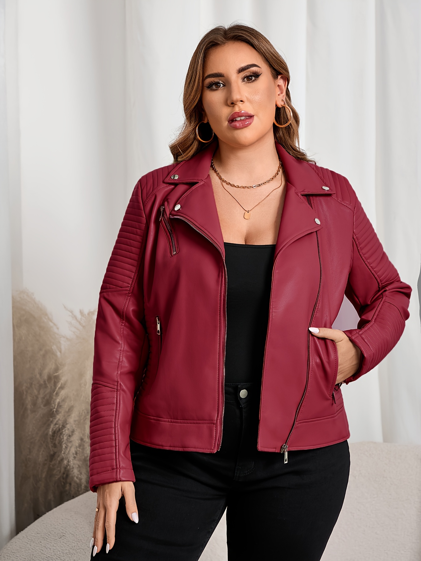 plus size women's plus size casual motorcycle jacket brown Temu