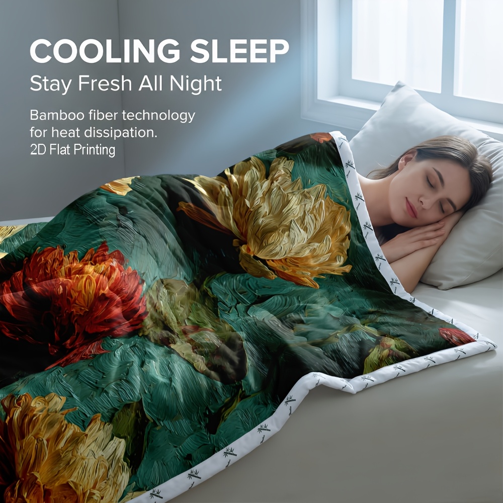 TEMU 1pc Bamboo Cooling Reversible Cooling & Warm Summer Comforter, Vintage Floral Cooling Comforter Summer Bedding, Switchable Temperature Control,
